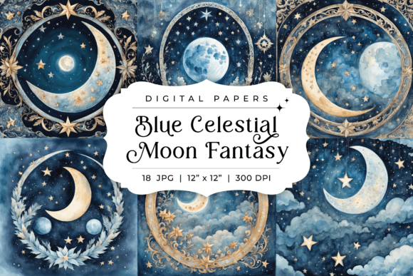 Blue Celestial Moon Fantasy Backgrounds for Magical Designs