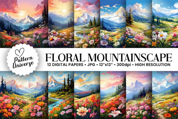 Summer Floral Mountainscape Backgrounds for Creative Projects